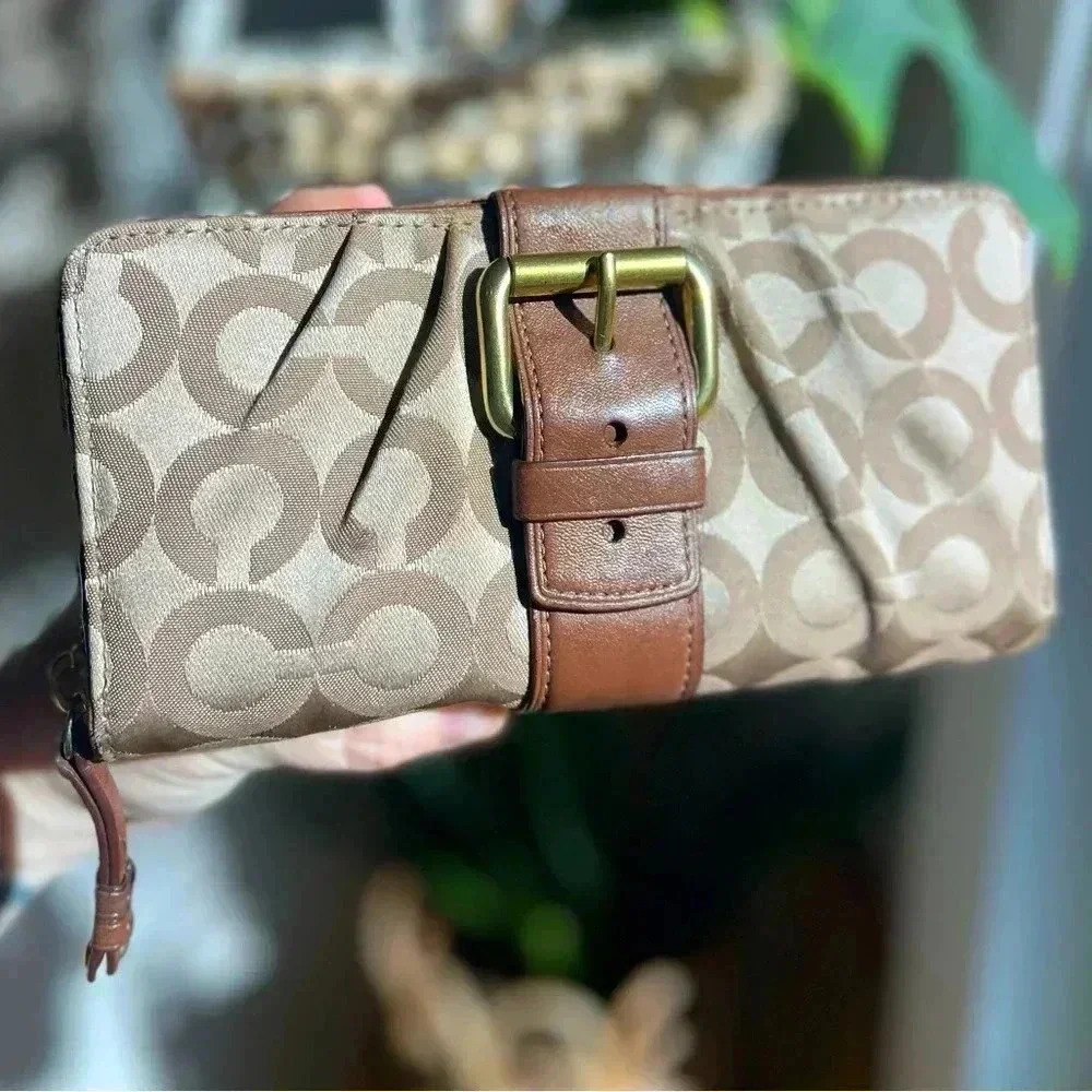 Coach Signature Canvas Zip-Around Accordion Wallet with Belt Buckle Detail